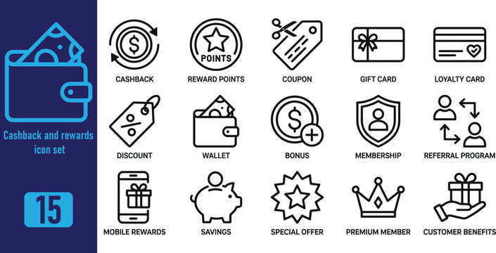 Cashback and rewards icon set, collection of financial and loyalty program symbols, vector illustration for business, shopping, and digital marketing