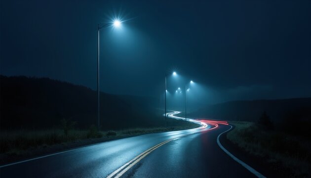 Empty dark asphalt road curves under street lights at night. Light trails show fast moving vehicles on wet pavement. Gloomy landscape with fog and distant hills.
