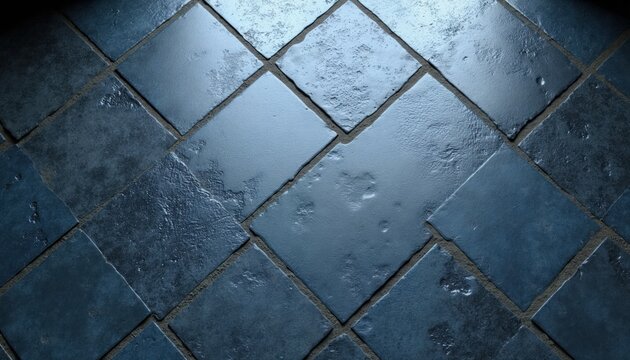 Close up of dark blue and grey square floor tiles. Patterned surface with rough texture detail. Simple geometric layout, perfect background for design projects.