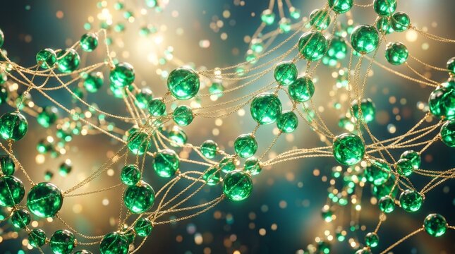 Abstract green glass spheres connected by golden threads