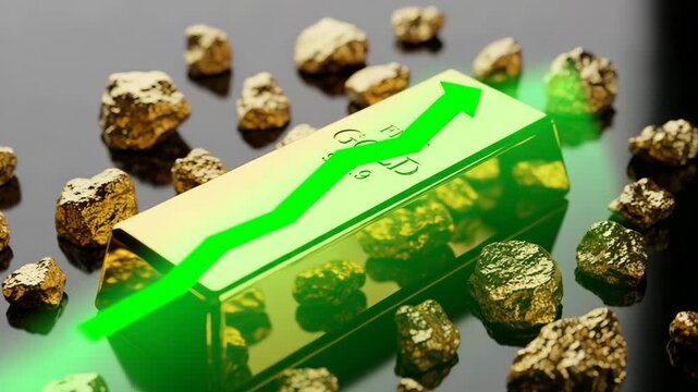 Gold Price Surge: A gold bar surrounded by nuggets, with a vibrant green arrow indicating a sharp upward trend, symbolizing a significant increase in gold value and market growth.