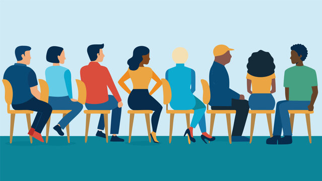 Diverse group of people sitting in a row with backs to the viewer during a meeting or presentation