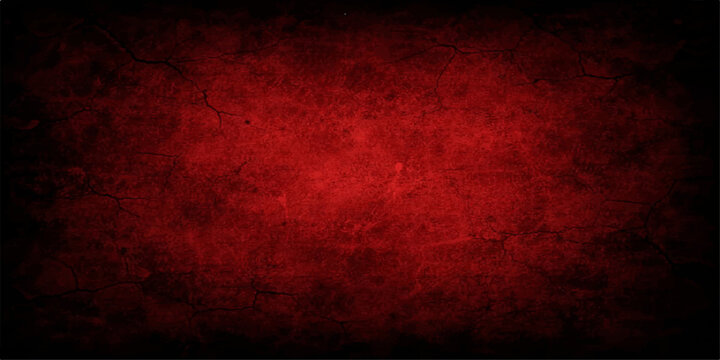 Abstract dark red cracked concrete wall background with black vignette, distressed grunge texture, rough damaged surface, and vintage moody backdrop style for creative graphic design use.
