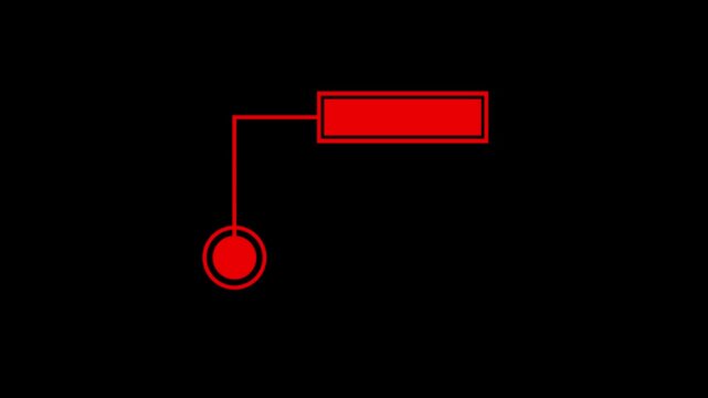 A minimalist red rectangle connected by a thin red line to a red circle with a red outline, all set against a solid black background, suggesting a simple diagram or