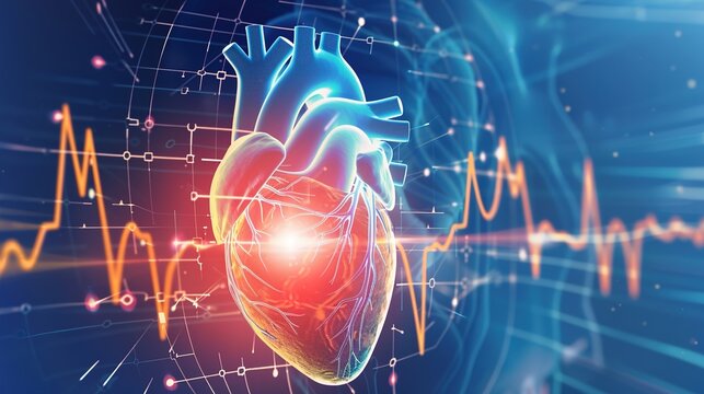 3D medical illustration displaying ventricular fibrillation condition of human heart, chaotic irregular cardiac electrical activity leading to ineffective heart pumping, dangerous fatal arrhythmia 
