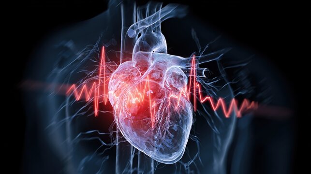 3D medical illustration displaying ventricular fibrillation condition of human heart, chaotic irregular cardiac electrical activity leading to ineffective heart pumping, dangerous fatal arrhythmia 