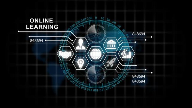 Advanced digital online learning interface with futuristic hud global education network and interactive data visualization for corporate training and e-learning