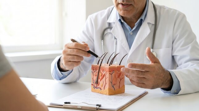 Doctor pointing at skin anatomy model on desk in clinic medical consultation