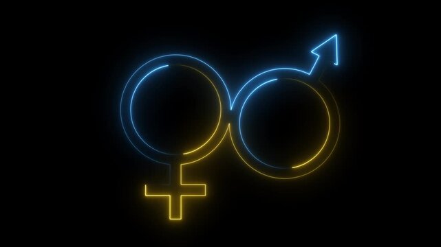 Dual-colored neon gender symbols, blue for female and yellow for male, are intertwined in a loop against a black background, representing diverse connections and unity