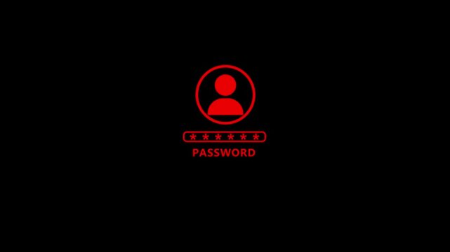 Cyber security concept with glowing red user login icon and password field on dark black background representing digital privacy and hacking alert