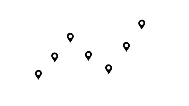 An abstract arrangement of bright black map pin icons arranged in a wave pattern on a white background, representing directions.