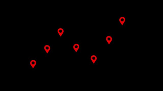 Abstract layout of glowing red map pin icons arranged in a wave pattern on a solid black background, representing route navigation.
