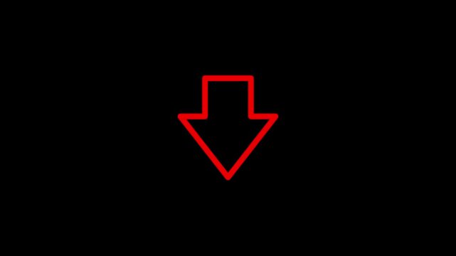 A bold red outline of a downward-pointing arrow centered on a stark black background, symbolizing direction or action