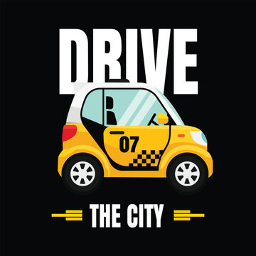 Drive the City Mini Racer Cartoon Car T Shirt Design with Urban Driving Typography Vector Illustration