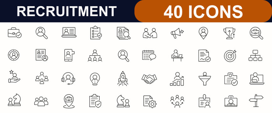 Recruitment web icons in line style. Job hiring, talent search, candidate profile, resume review, HR team, headhunting set. Editable stroke. Vector illustration.