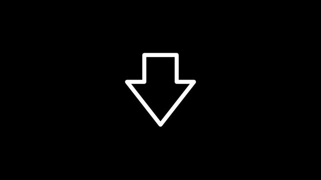 A simple white outline of a downward pointing arrow is centered against a stark black background creating a minimalist representation of direction or a call to action