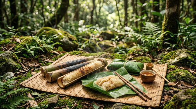 Com Lam Bamboo Sticky Rice on Woven Mat in Forest Picnic