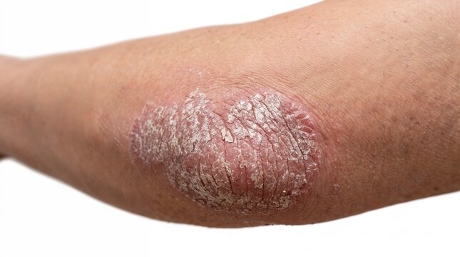 Psoriasis on the extensor surface of the elbow.