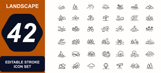 Landscape web icons in line style. Lake, tree, road, environment, sunrise, meadow, wood, travel, countryside, park, view, sea, mountain, nature, forest, hill. Editable stroke. Vector illustration. © Senoara Studio