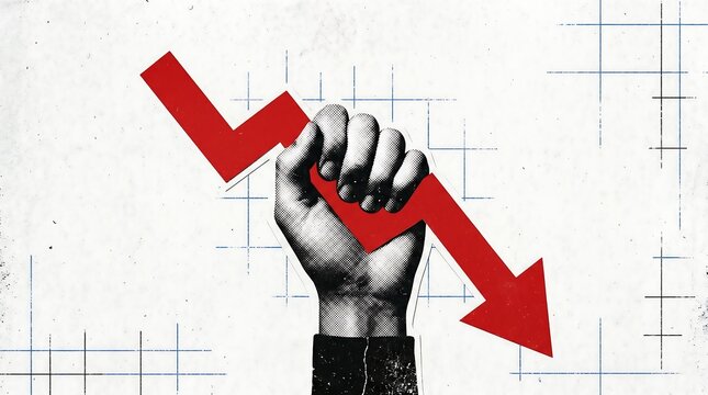 Minimalist Conceptual Collage of Raised Fist Gripping Red Downward Arrow Chart