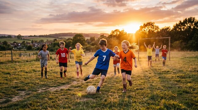 Group of diverse children playing amateur soccer in rural field during golden hour sunset with little boy kicking ball while others run and cheer in countryside.