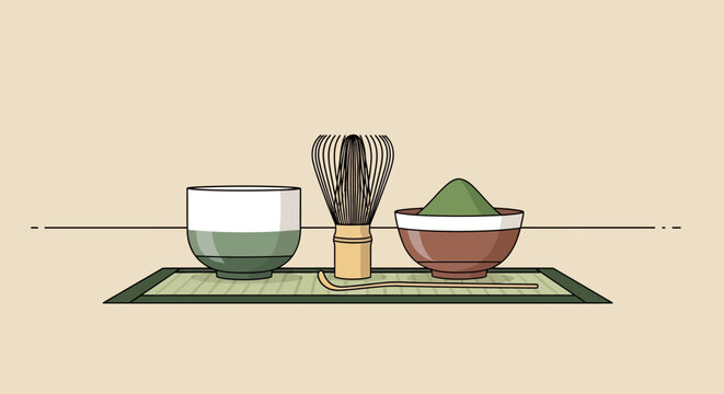 Matcha Tea Ceremony Set: Whisk, Bowl, and Powder on Tatami Mat