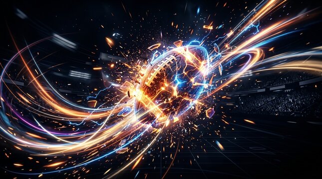 American football exploding with intense blue and orange electrical energy, dynamic sports action in a dark stadium with streaking light trails.
