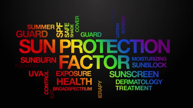 sun protection factor SPF concept Animated Tag Word Cloud kinetic typography, Text Design Animation typography seamless loop video motion graphics Intro Wordart arrangement rainbow type on black backg