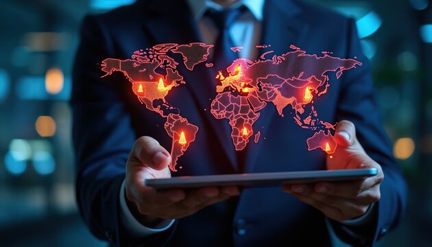 Man in suit holds tablet with glowing world map. Digital lines connect locations across continents. Technology network concept. Global business strategy, communication, and data.