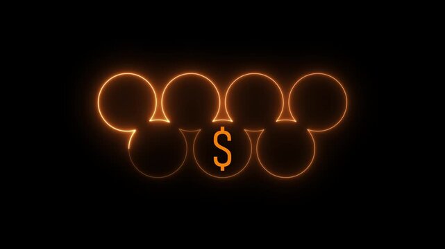 A glowing orange neon outline forms a series of interconnected circles with a dollar sign at its center, set against a dark black background, symbolizing finance and wealth