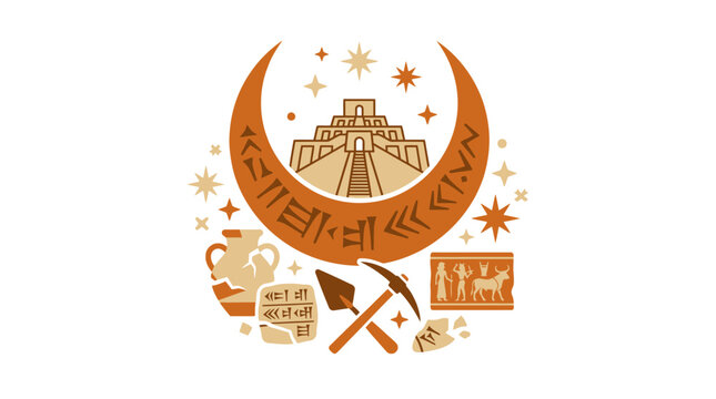 Ancient Mesopotamian Ziggurat, Cuneiform, Artifacts, Archaeology, Crescent Moon, Stars