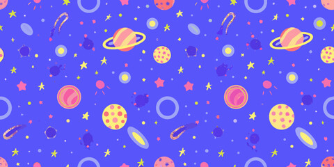 Space pattern with planets stars and comets on a purple background © Rubel