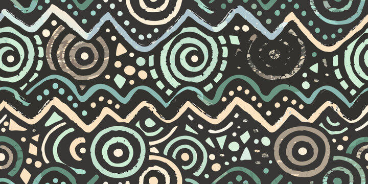 Memphis style geometric pattern with spirals and zigzag shapes
