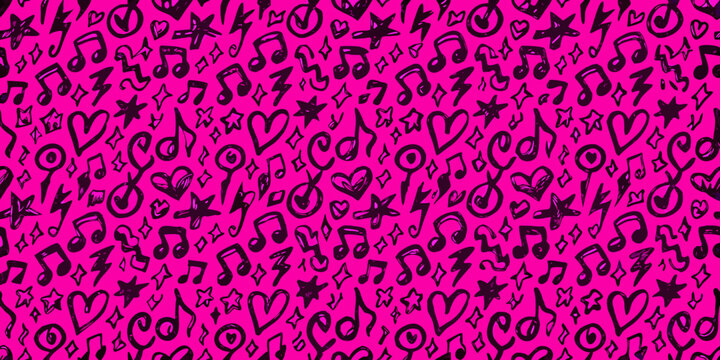 Musical notes hearts and stars seamless vector pattern on pink background