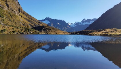 Fototapeta premium Serene mountain lake reflection landscape nature.