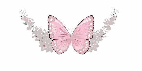 Pink butterfly illustration with floral ornament and white background © Rubel
