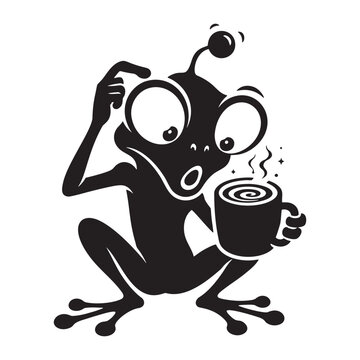 Cute alien character thinking while drinking a hot cup of coffee or tea Vector