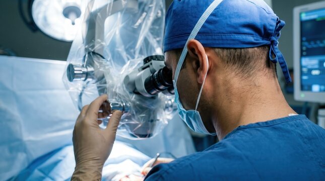 Surgeon operating surgical microscope in neurosurgery medical consultation