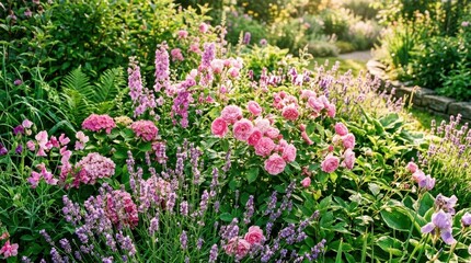Obraz premium Lush garden bursting with pink roses, lavender, and hydrangeas in soft sunlight