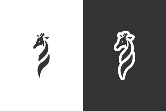A minimalist, graphic logo featuring a stylized giraffe head and neck