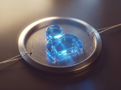 Glass user icon on brushed metal disc digital identity management