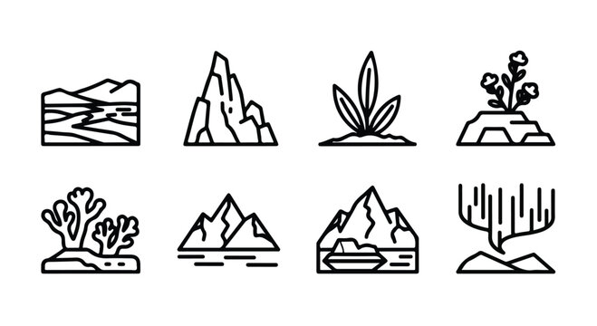 Minimalist landscape line icons set, 8 vector symbols of nature and travel, nomadic yurt and horse illustrations for outdoor branding