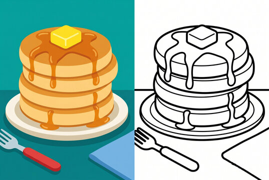 Pancakes with Butter and Syrup: A stack of fluffy pancakes, glistening with golden syrup and topped with a square of melting butter, served with a fork.