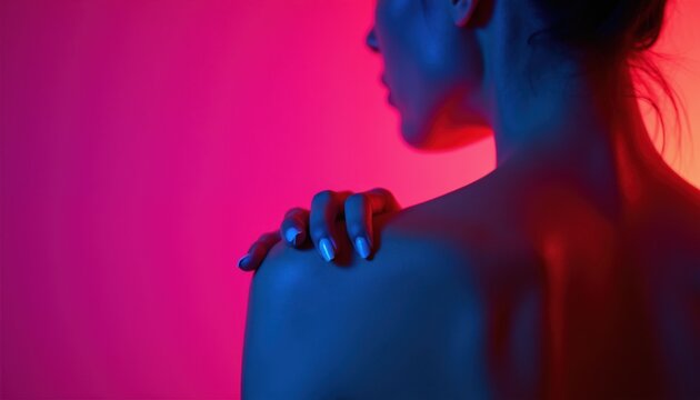 Woman shoulder and neck illuminated by vibrant blue and pink neon lights. Her hand rests gently on her collarbone against a plain colored backdrop. Abstract art style.