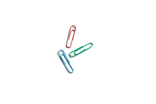Three Colorful Paper Clips Isolated on White Background &ndash; Red, Green, and Blue Office Stationery