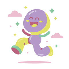 Fototapeta premium A funny cartoon illustration of a happy child boy and a smiling baby animal character having fun with toys in the summer sun, celebrating childhood love and a beautiful sky