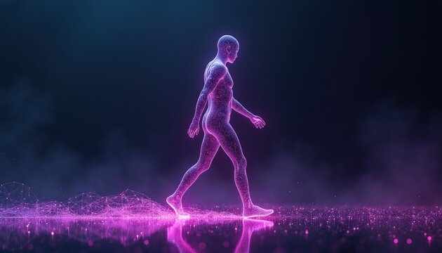Glowing digital man walks forward leaving connected data trails. Futuristic cybernetic person moves through abstract network on dark background. Future AI and tech advancement.