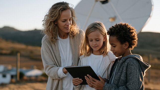 Rural schoolteacher helping elementary students aim small satellite dish receiver toward evening sky from schoolyard, rolling agricultural hills visible behind fencing as children