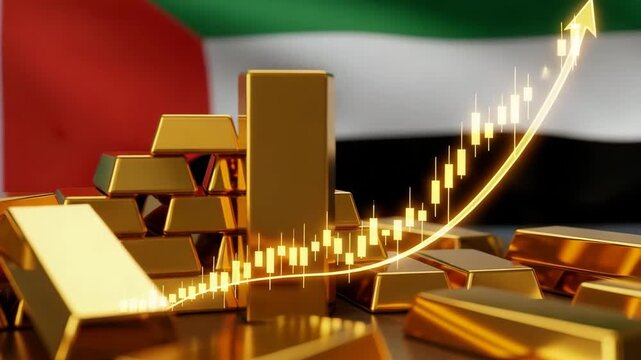 Gold Bar Accumulation with Upward Trend and Flag: Piles of gleaming gold bars are displayed with a rising stock market graph overlaid, signifying economic growth and investment success.
