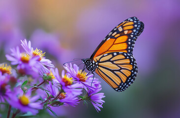 Obraz premium monarch butterfly with blue and black wings is perched on a purple flower. the butterfly is on the left, facing right. the flower has a yellow center